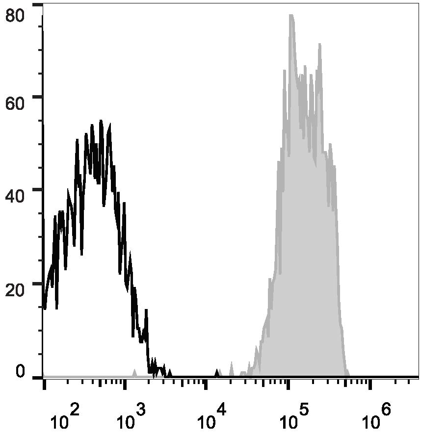 Human peripheral blood lymphocytes are stained with Anti-Human CD48 Monoclonal Antibody(APC Conjugated)(filled gray histogram). Unstained lymphocytes (empty black histogram) are used as control.