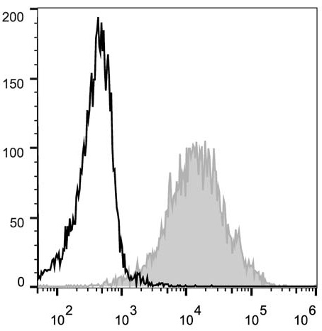 C57BL/6 murine splenocytes are stained with Anti-Mouse/Human CD44 Monoclonal Antibody(PE Conjugated)[Used at 0.02 μg/10<sup>6</sup> cells dilution](filled gray histogram). Unstained splenocytes (empty black histogram) are used as control.
