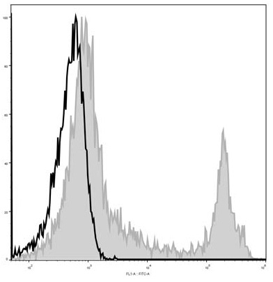 C57BL/6 murine splenocytes are stained with Anti-Mouse CD45R/B220 Monoclonal Antibody (AF488 Conjugated)[Used at 0.2 μg/10<sup>6</sup> cells dilution](filled gray histogram). Unstained splenocytes (empty black histogram) are used as control.