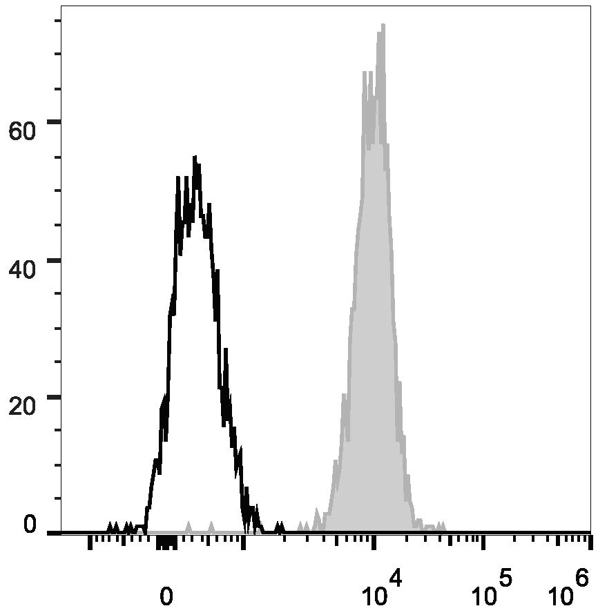 Human peripheral blood granulocytes are stained with Anti-Human CD10 Monoclonal Antibody(PE/Cyanine7 Conjugated)(filled gray histogram). Unstained granulocytes (empty black histogram) are used as control.