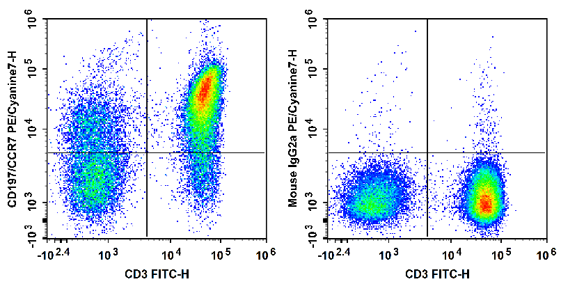 Human peripheral blood lymphocytes are stained with Anti-Human CD197 Monoclonal Antibody(PE/Cyanine7 Conjugated) and Anti-Human CD3 Monoclonal Antibody（FITC Conjugated)
