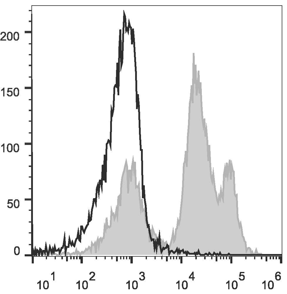 C57BL/6 murine splenocytes are stained  with Anti-Mouse CD24 Monoclonal Antibody(AF647 Conjugated)(filled gray histogram). Unstained splenocytes (empty black histogram) are used as control.