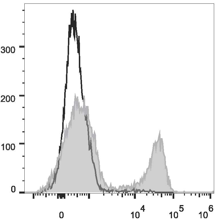 Rat splenocytes are  stained with Anti-Rat CD3 Monoclonal Antibody(PE Conjugated)[Used at 0.05 μg/10<sup>6</sup> cells dilution](filled gray histogram). Unstained splenocytes (empty black histogram) are used as control.