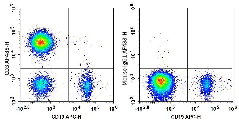 Human peripheral blood lymphocytes are stained with APC Anti-Human CD19 Antibody and AF 488 Anti-Human CD3 Antibody (Left). Lymphocytes are stained with APC Anti-Human CD19 Antibody and AF 488 Mouse IgG1, κ Isotype Control (Right).