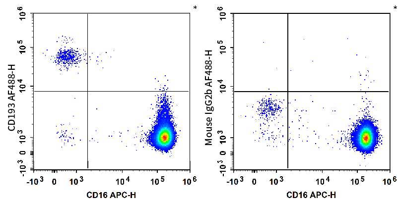 Human peripheral blood granulocytes are stained with APC Anti-Human CD16 Antibody and AF 488 Anti-Human CD193/CCR3 Antibody (Left). Granulocytes are stained with APC Anti-Human CD16 Antibody and AF 488 Mouse IgG2b,κ Isotype Control (Right).