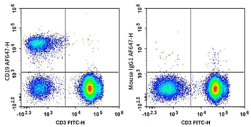 Human peripheral blood lymphocytes are stained with FITC Anti-Human CD3 Antibody and AF 647 Anti-Human CD19 Antibody (Left). Lymphocytes are stained with FITC Anti-Human CD3 Antibody and AF 647 Mouse IgG1, κ Isotype Control (Right).