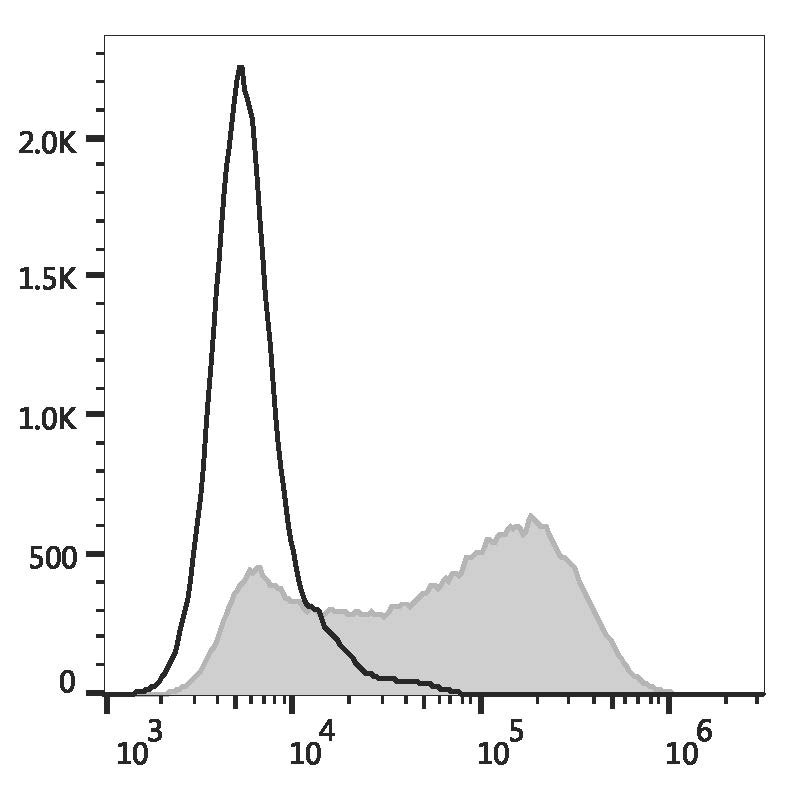 THP-1 cells are stained with AF 488 Anti-Human CD34 Antibody (filled gray histogram) or AF 488 Mouse IgG1, κ Isotype Control (empty black histogram).