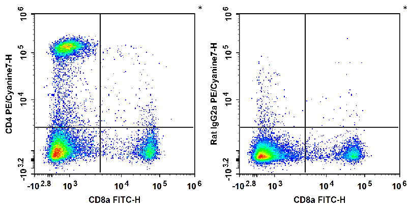 C57BL/6 murine splenocytes are stained with FITC Anti-Mouse CD8a Antibody and PE/Cyanine7 Anti-Mouse CD4 Antibody[RM4-5] (Left). Splenocytes are stained with FITC Anti-Mouse CD8a Antibody and PE/Cyanine7 Rat IgG2a, κ Isotype Control (Right).