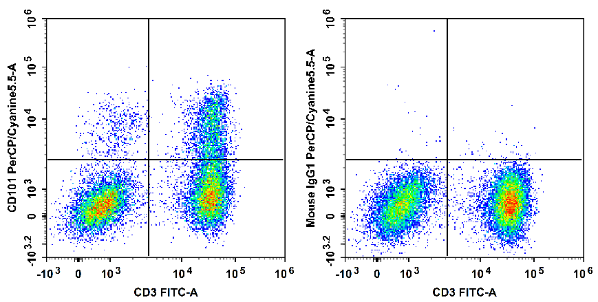 Human peripheral blood lymphocytes are stained with FITC Anti-Human CD3 Antibody and PerCP/Cyanine5.5 Anti-Human CD101 Antibody[BB27] (Left). Lymphocytes are stained with FITC Anti-Human CD3 Antibody and PerCP/Cyanine5.5 Mouse IgG1, κ Isotype Control (Right).