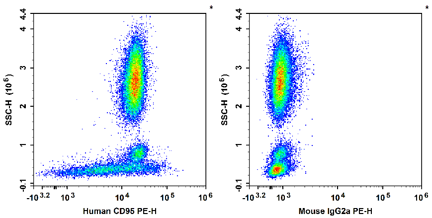 Staining of normal human peripheral blood cells with PE Anti-Human CD95/Fas Antibody[HFE7A/APO] (filled gray histogram) or PE Mouse IgG2a, κ Isotype Control (empty black histogram). Cells in the leucocytes gate were used for analysis.