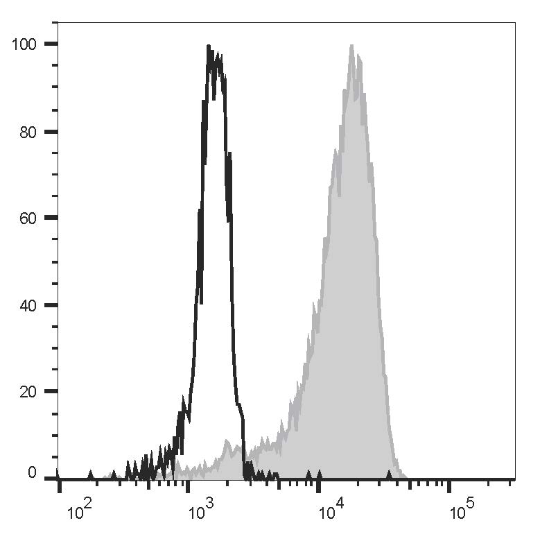 Staining of normal human peripheral blood cells with AF488 Anti-Human CD192/CCR2 Antibody[K036C2] (filled gray histogram) or AF488 Mouse IgG2a, κ Isotype Control (empty black histogram). Cells in the monocytes gate were used for analysis.