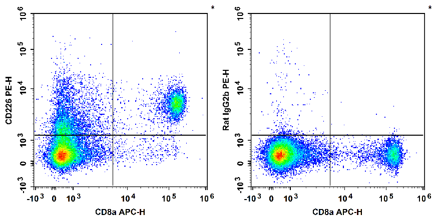 Staining of C57BL/6 murine splenocytes with APC Anti-Mouse CD8a Antibody and PE Anti-Mouse CD226 Antibody[10E5] (left) or PE Rat IgG2b, κ Isotype Control (right). Total viable cells were used for analysis.