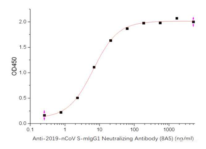 Immobilized Recombinant Recombinant 2019-nCoV S Protein RBD-SD1 (C-6His) at 5.0 ug/mL (100 uL/well) can bind Anti-2019-nCoV S-mIgG1 Neutralizing Antibody (8A5), the EC50 is 6.5 ng/mL.