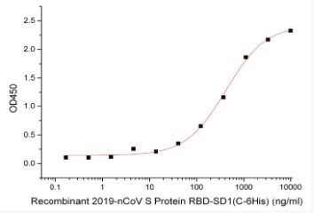 Immobilized Recombinant Recombinant 2019-nCoV S Protein RBD-SD1 (C-6His) at 5.0 ug/mL (100 uL/well) can bind Anti-2019-nCoV S-IgA Neutralizing Antibody (8A5), the EC50 is 416.4 ng/mL.